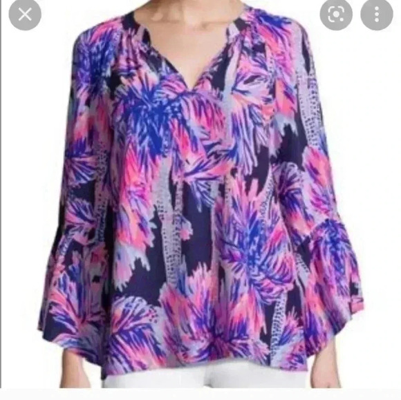 Lilly Pulitzer Women's Matilda Silk  Palm Tree Print‎ Bell Sleeve Blouse Size XS - Picture 1 of 6